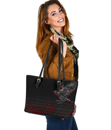 Viking Small Leather Tote Bag - The Raven Of Odin Rune Blood RLT12