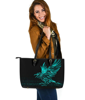 Viking Larger Leather Tote Bag The Raven Of Odin Rune Cyan RLT12
