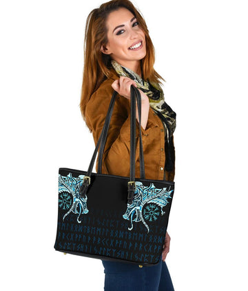 Viking Small Leather Tote, Fenrir Raven and Vegvisir Tattoo Cyan RLT12