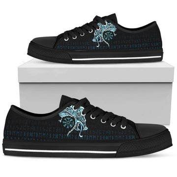 Viking Low Top Shoes, Fenrir Raven and Vegvisir Tattoo Cyan RLT12