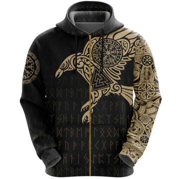 Viking The Raven Of Odin Tattoo Zip Hoodie Gold RLT12