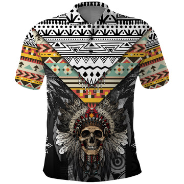 Native American Headdress With Human Skull African Pattern With Geometric Motifs Polo Shirt TS04