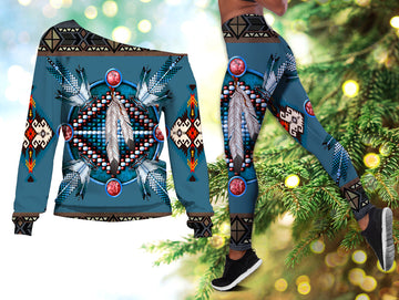 Pattern Blue Mandala Native American Off shoulder Sweater Leggings Set LT10