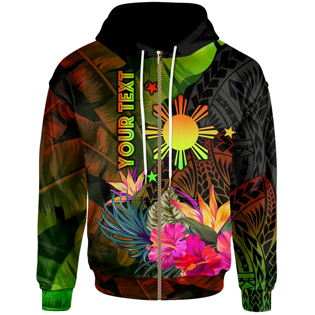 Custom The Philippines Polynesian Zip Up Hoodie Hibiscus and Banana Leaves RLT6