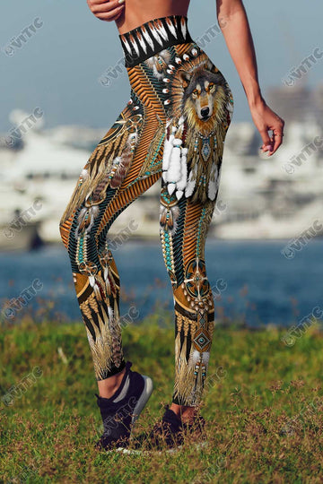 Gold Gray Wolf Dreamcatcher - All Over Printed Standard Women Leggings, gift for wolf lovers, wild wolf, best gift ideas
