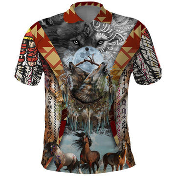 Native American Feather Headdress With Native Horses And Three Wolves In Moonlight African Pattern Polo Shirt TS04