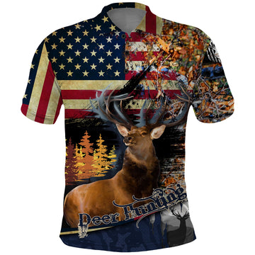 Deer Hunting American Flag Deciduous Forest Pattern Polo Shirt TS04