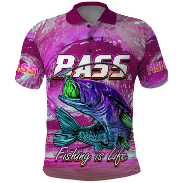Bass Fishing Polo Shirt Fishing is Life Hook Sport Largemouth Pink LT9
