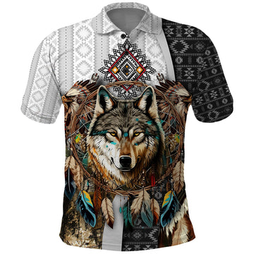 Native American Wolf Dreamcatcher with Eagles Feathers Polo Shirt TS04