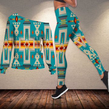 Native American Turquoise Tribe Design Off shoulder Sweater Leggings Set LT10