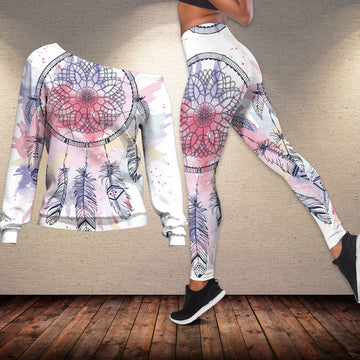 Native American Pink Water Color Dream Catcher Off shoulder Sweater Leggings Set LT10