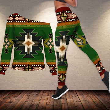 Native American Southwest Green Symbol Off shoulder Sweater Leggings Set LT10