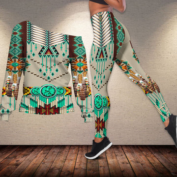 Native American Green Pattern Breastplate Off shoulder Sweater Leggings Set LT10