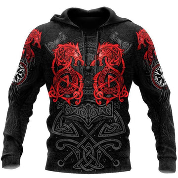 Viking Clothing Red Fenrir Viking Wolf Tattoo Hoodie RLT12