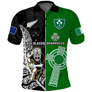 Custom New Zealand Ireland Rugby Polo Shirt All Black Maori Mix Shamrocks LT14