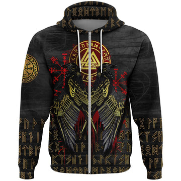 Viking Zip Hoodie - Vikings Valknut and Ravens Tattoo RLT12