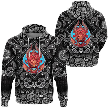 Viking Hoodie Big Angry Red Dragon with Bandana Paisley Style RLT12