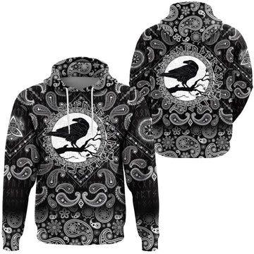 Viking Hoodie Black Crow Sitting On Branch Of An Oak Tree with Bandana Paisley Style RLT12