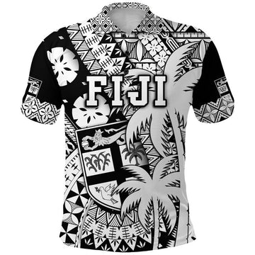 Custom Fiji Polo Shirt Coat Of Arms Masi Tapa Mixed Palm Tree No1 Black Version LT9