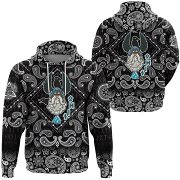 Viking Hoodie Cartoon Of The Norse God Odin with Bandana Paisley Style RLT12