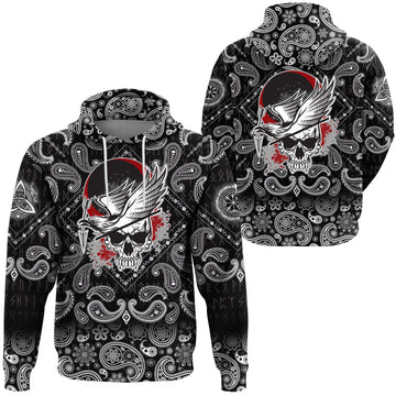Viking Hoodie Dead Skull With Crow with Bandana Paisley Style RLT12