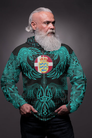 Viking Denmark Zip Hoodie Valknut of Odin Cyan RLT12