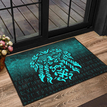 Viking Door Mat Viking God Odin Allfather In Asgard Raven God Cyan Version Door Mat RLT12
