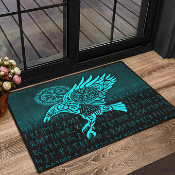 Viking Door Mat Raven Vegvisir Tattoo Cyan Version Door Mat RLT12