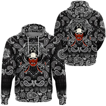 Viking Hoodie Fighting Axes Raven Skull Fantasy Warrior Inscription Hero with Bandana Paisley Style RLT12