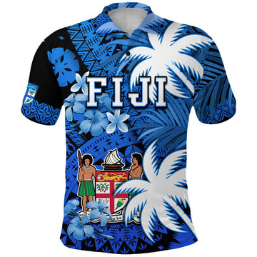 Custom Fiji Polo Shirt Coat Of Arms Masi Tapa Mixed Palm Tree No2 Blue Version LT9