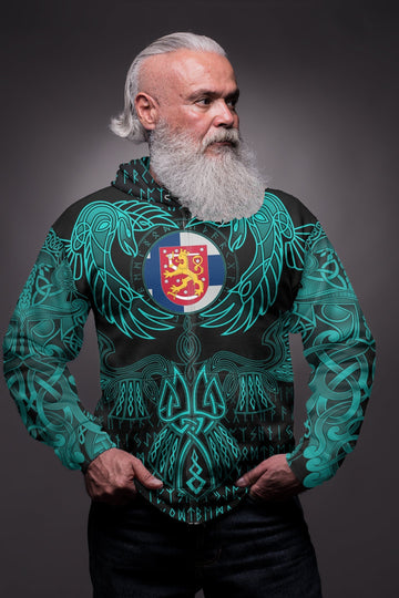 Viking Finland Zip Hoodie Valknut of Odin Cyan RLT12