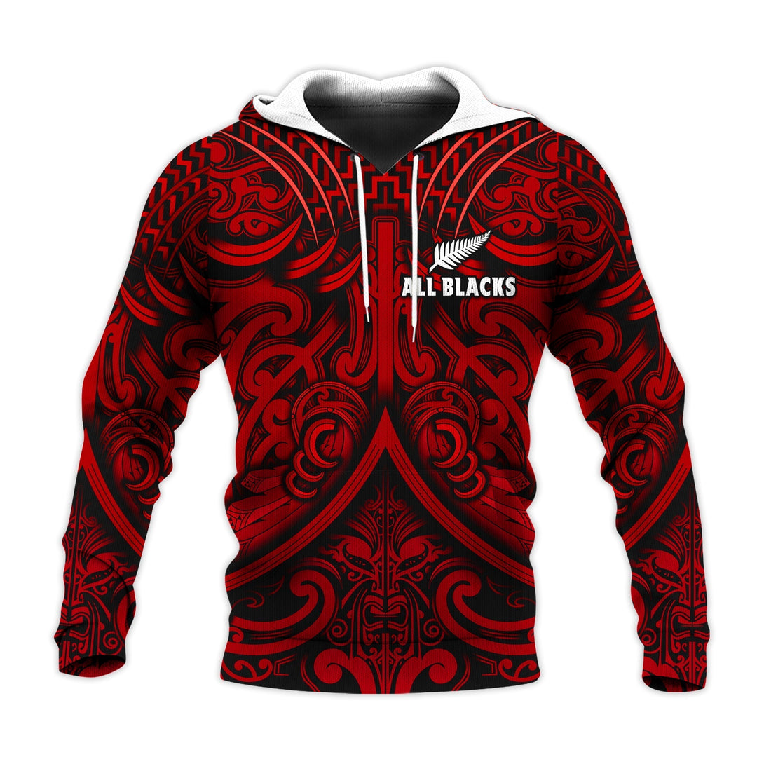 Custom Text and Number New Zealand Silver Fern Rugby Hoodie All Black Red NZ Maori Pattern LT13