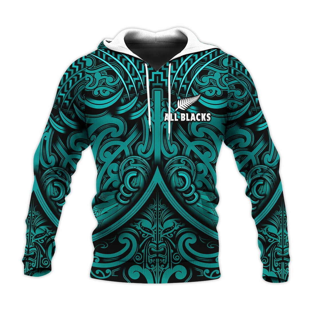 Custom Text and Number New Zealand Silver Fern Rugby Hoodie All Black Turquoise NZ Maori Pattern LT13