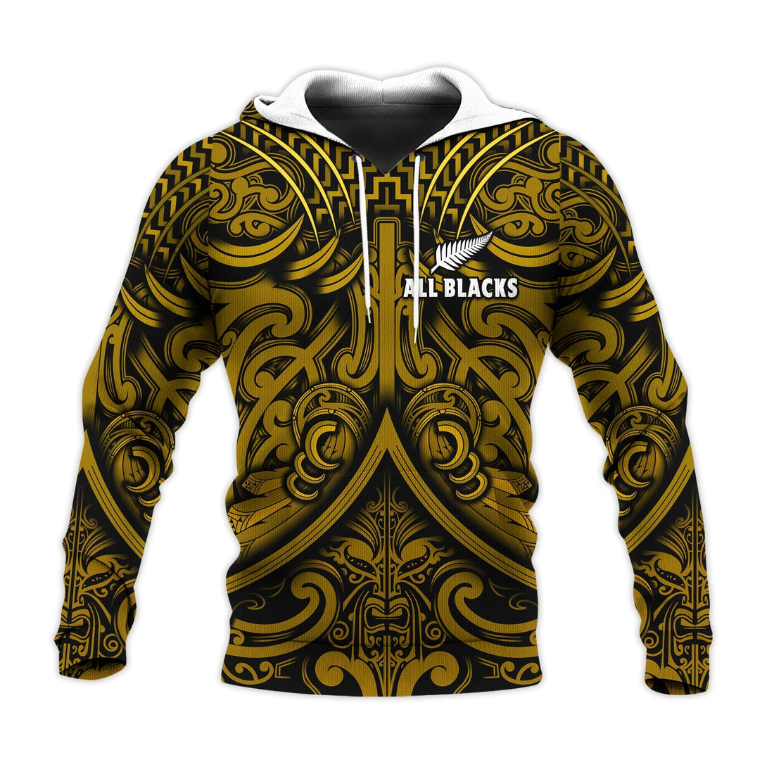 Custom Text and Number New Zealand Silver Fern Rugby Hoodie All Black Gold NZ Maori Pattern LT13