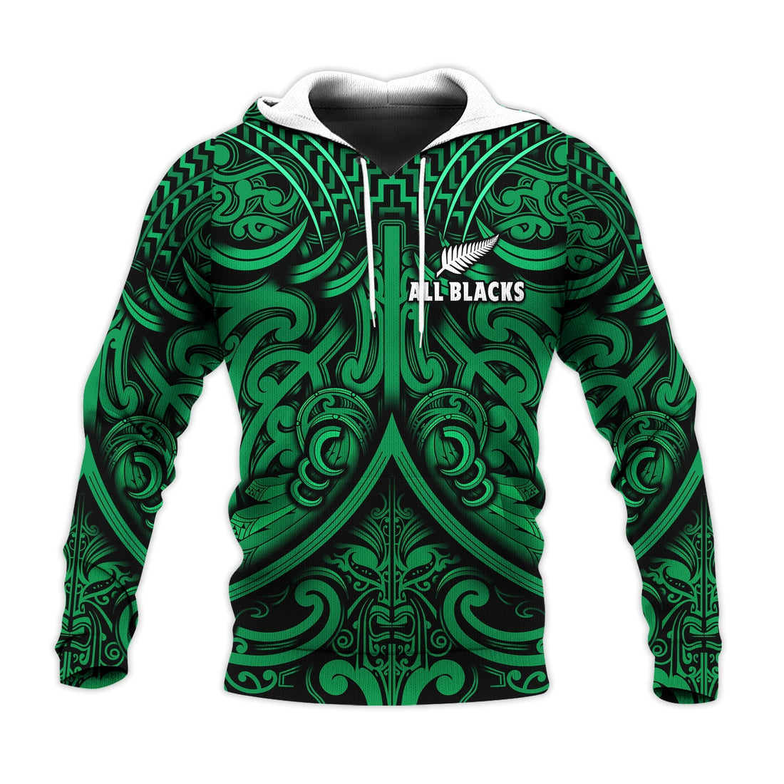 Custom Text and Number New Zealand Silver Fern Rugby Hoodie All Black Green NZ Maori Pattern LT13