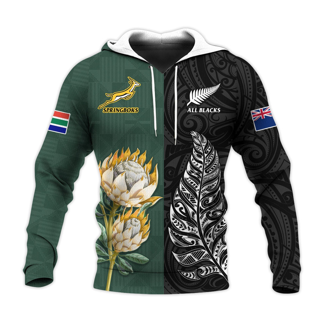 Custom Text and Number South Africa Protea and New Zealand Fern Hoodie Rugby Go Springboks vs All Black LT13