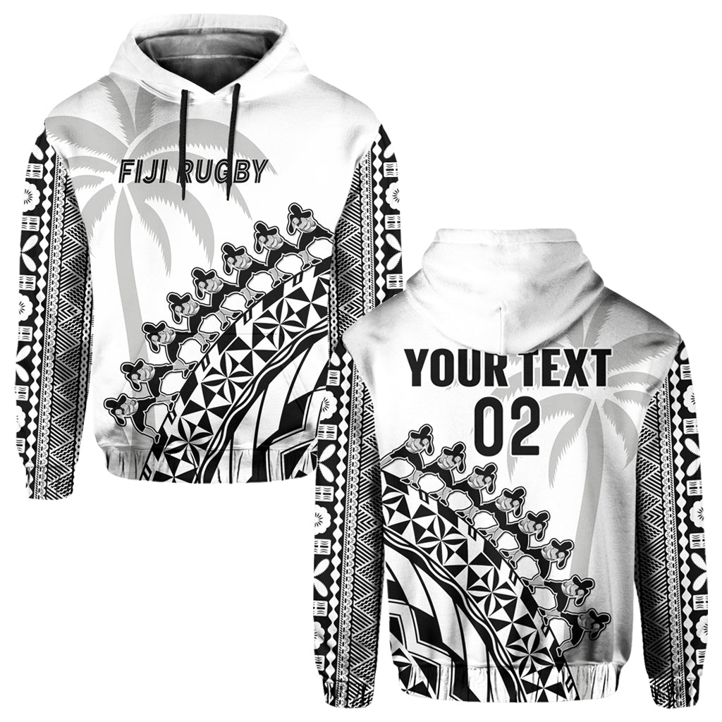 Custom Text And Number Fiji Rugby Hoodie Fijian Cibi Dance Tapa Pattern White LT14