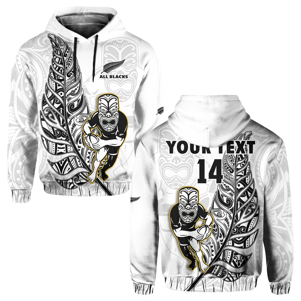 Custom Text And Number New Zealand 2022 Rugby Hoodie All Black Silver Fern Maori Pattern Version White LT14