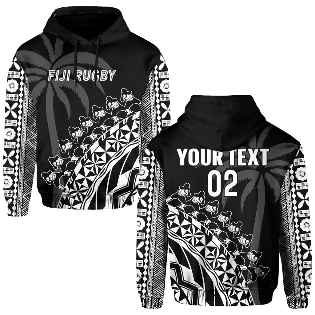 Custom Text And Number Fiji Rugby Hoodie Fijian Cibi Dance Tapa Pattern Black LT14
