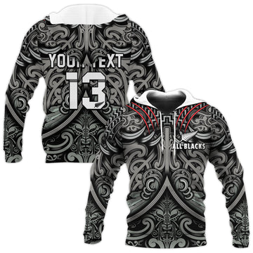 Custom Text and Number New Zealand Silver Fern Rugby Hoodie All Black NZ Maori Pattern LT13