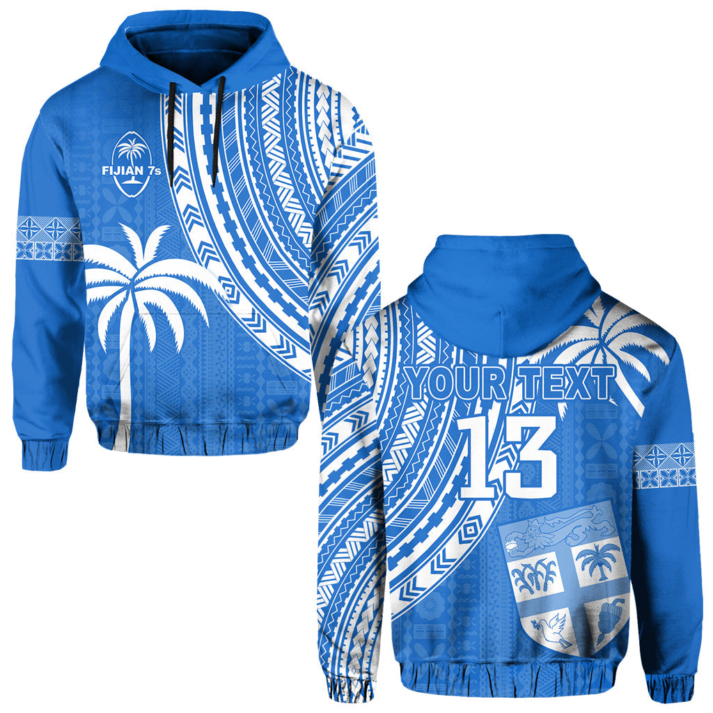 Custom Text and Number Fiji Rugby Sevens Hoodie Fijian 7s Tapa Polynesian Blue Ver.01 LT13