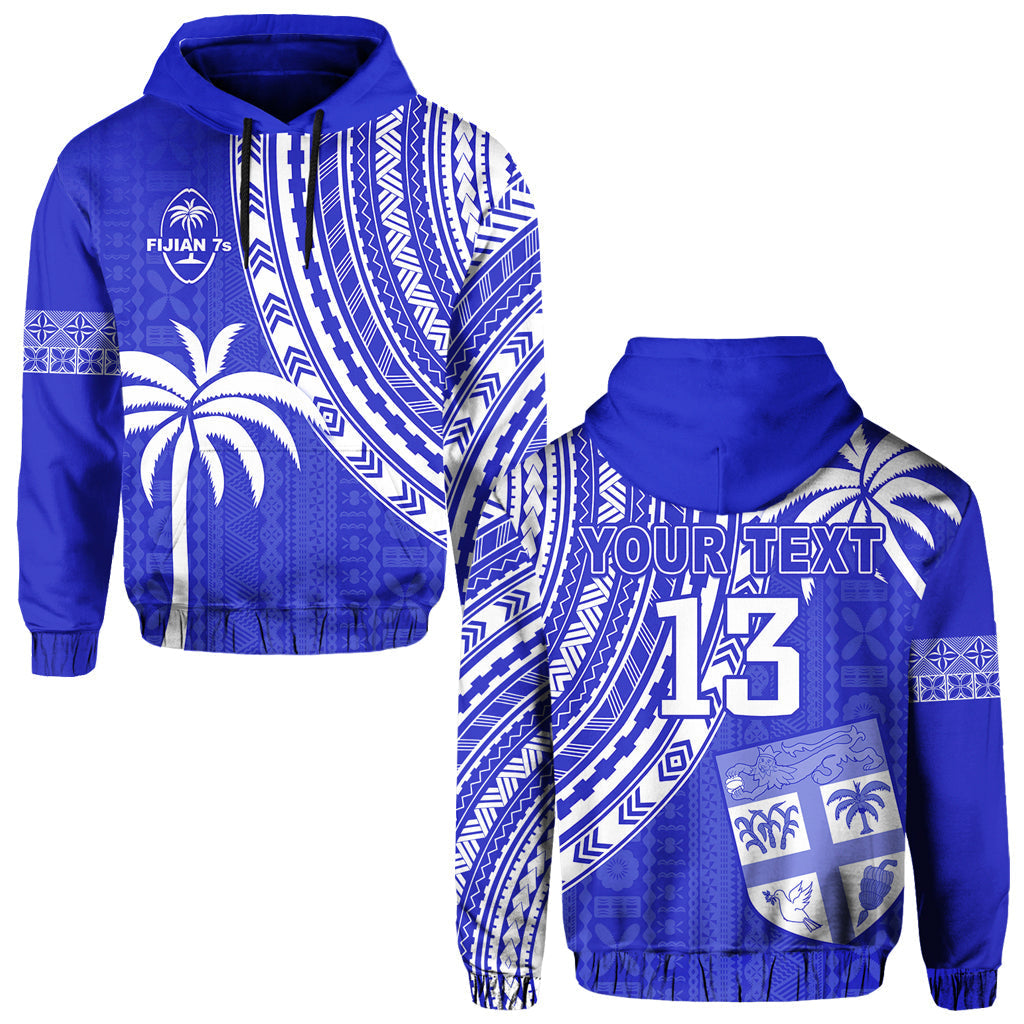 Custom Text and Number Fiji Rugby Sevens Hoodie Fijian 7s Tapa Polynesian Blue Ver.02 LT13