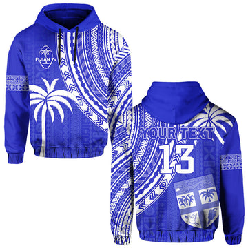 Custom Text and Number Fiji Rugby Sevens Hoodie Fijian 7s Tapa Polynesian Blue Ver.02 LT13