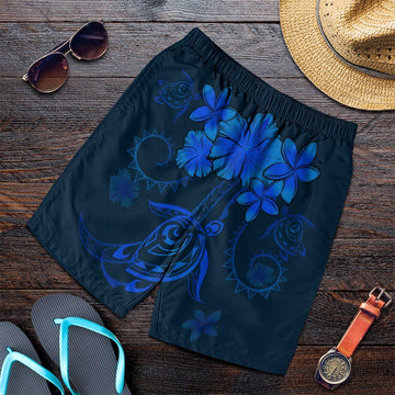 Hawaiian Turtles Hibiscus Plumeria Polynesian Men's Shorts - Blue
