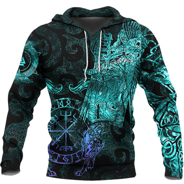 Viking Hoodie Viking Odin Tattoo Cyan Version Wolf Hoodie RLT12