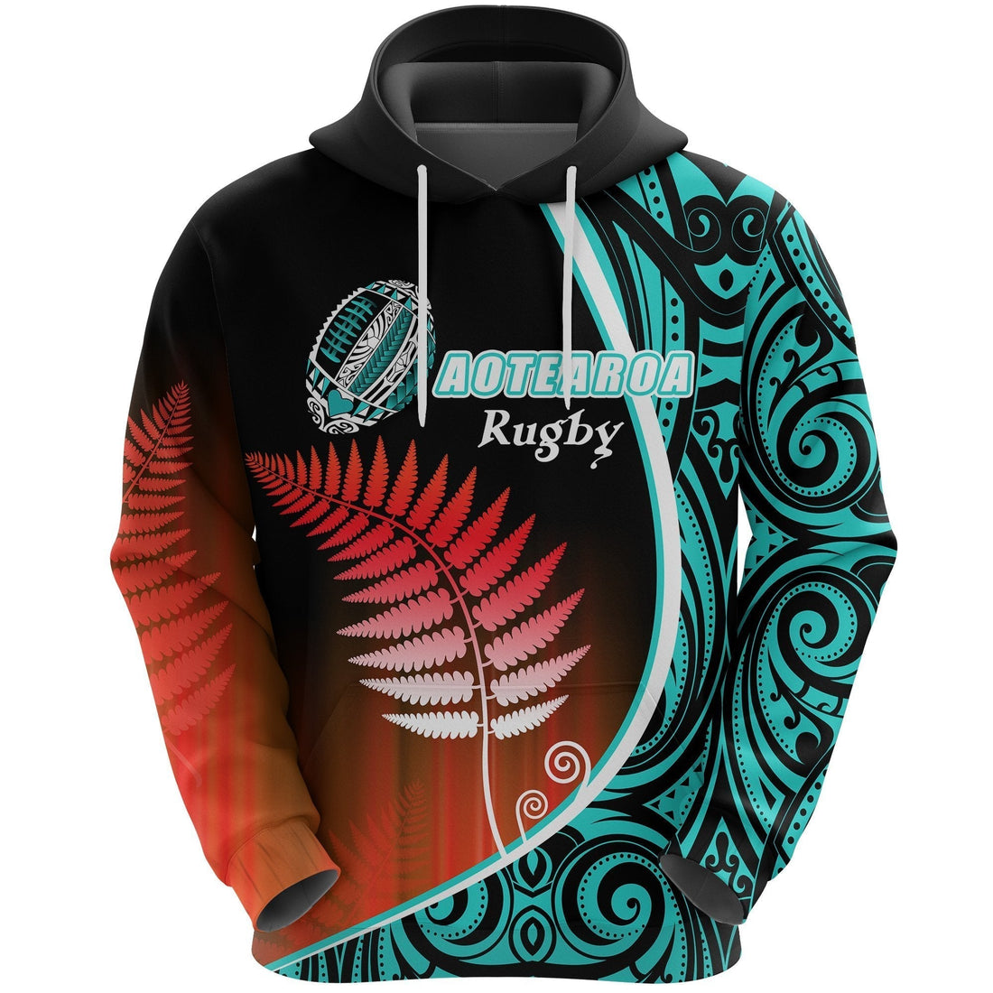 Aotearoa Rugby Black Maori Hoodie Kiwi and Silver Fern New Zealand Blue
