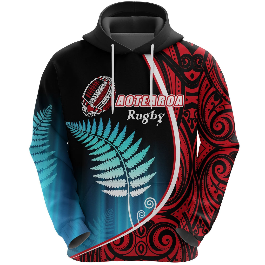 Aotearoa Rugby Black Maori Hoodie Kiwi and Silver Fern New Zealand
