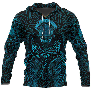 Viking Zip Hoodie Raven Valknut Cyan RLT12
