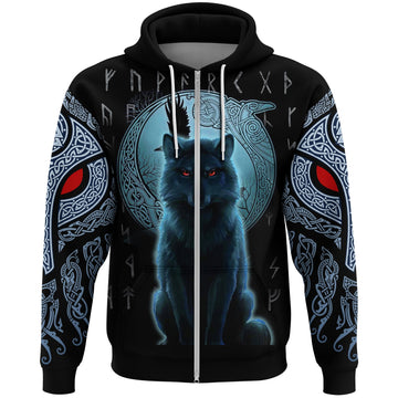 Viking Zip Hoodie, Fenrir Viking Wolf and Moon RLT12