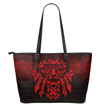 Viking Leather Tote Viking God Odin Allfather In Asgard Raven God Red Version Leather Tote RLT12